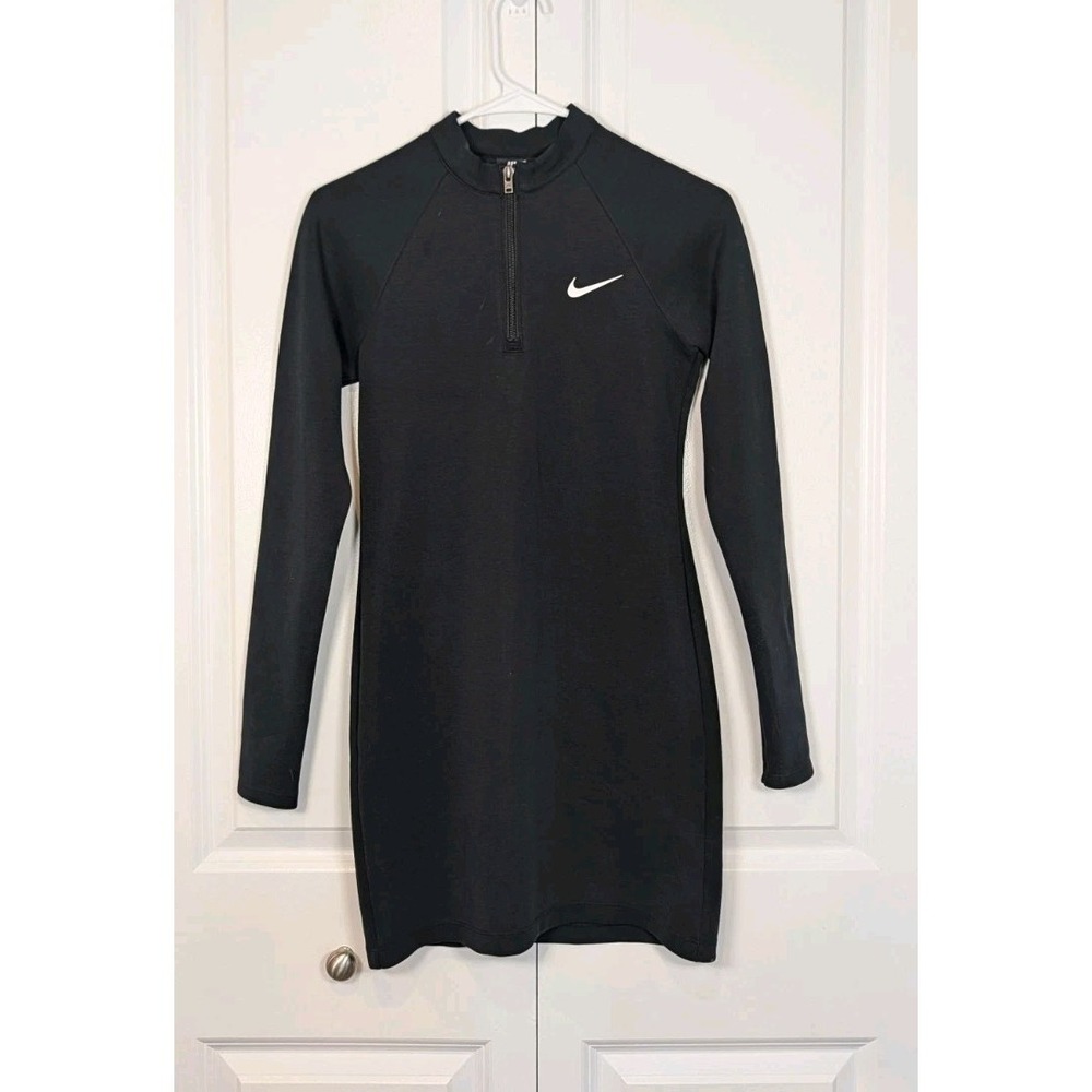 Nike Black Long Sleeve Half-Zip Athletic Mini Dress White Swoosh NWT Size S